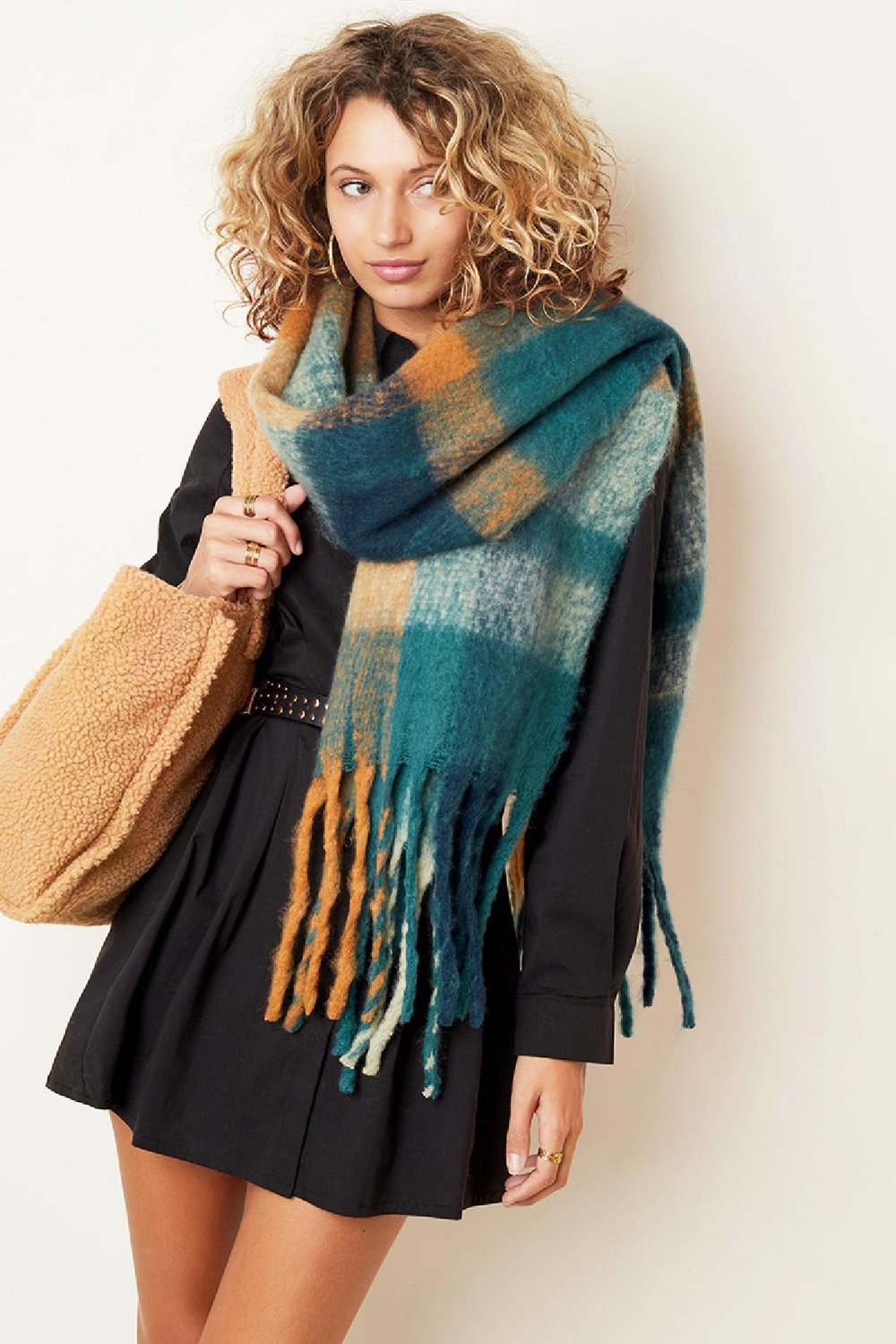 Geruite sjaal franje Groen Polyester h5Afbeelding6